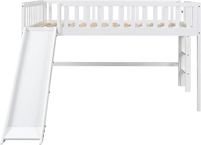 Full Size Low Loft Bed with Ladder and Slide,Vertical Design Wooden Bed Frame, for Kids and Young Teens, No Box Spring Required,Space-Saving,White