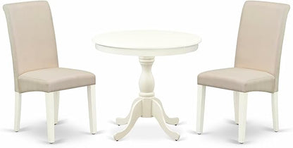 East West Furniture AMBA3-LWH-01 3 Piece Modern Dining Table Set Contains a Round Kitchen Table with Pedestal and 2 Cream Linen Fabric Upholstered Parson Chairs, 36x36 Inch, Linen White