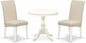 East West Furniture AMBA3-LWH-01 3 Piece Modern Dining Table Set Contains a Round Kitchen Table with Pedestal and 2 Cream Linen Fabric Upholstered Parson Chairs, 36x36 Inch, Linen White
