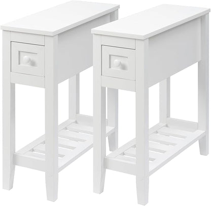 Narrow Side Table for Small Spaces, White Side Table with Drawer, Slim Bed Side Table/Night Stand Set of 2, Couch Side Table