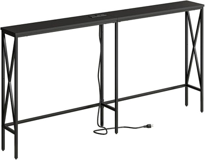 Masupu 63" Console Table with Power Outlet, Modern Narrow Long Sofa Table Behind Couch, Skinny Entry Table, Industrial Sofa Table with Metal Frame for Hallway, Living Room, Classic Black