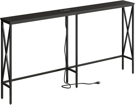 Masupu 63" Console Table with Power Outlet, Modern Narrow Long Sofa Table Behind Couch, Skinny Entry Table, Industrial Sofa Table with Metal Frame for Hallway, Living Room, Classic Black