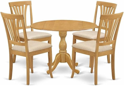 East West Furniture DMAV5-OAK-C 5 Piece Kitchen Table Set for 4 Includes a Round Dining Table with Dropleaf and 4 Linen Fabric Dining Room Chairs, 42x42 Inch, Oak