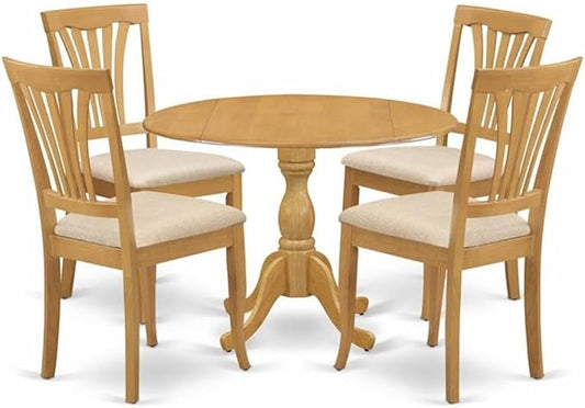 East West Furniture DMAV5-OAK-C 5 Piece Kitchen Table Set for 4 Includes a Round Dining Table with Dropleaf and 4 Linen Fabric Dining Room Chairs, 42x42 Inch, Oak