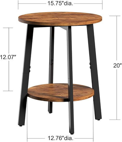 Side Table, Small Round End Table with Storage Shelf for Small Space, 2-Tier Bedside Table Sofa Couch Table, Round Accent Table Nighstands for Living Room, Bedroom, Rustic Brown