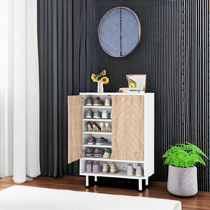 Tribesigns Shoe Cabinet, 18 Pair Rack Organizer Cabinet with Door, 6-Tier Modern Storage Shelves for Entryway Hallway Closet, White and Brown