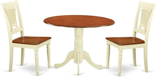 East West Furniture DLPL3-BMK-W 3 Piece Kitchen Table Set for Small Spaces Contains a Round Dining Table with Dropleaf and 2 Dining Room Chairs, 42x42 Inch, Buttermilk & Cherry