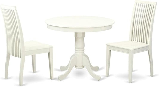 East West Furniture ANIP3-LWH-W 3 Piece Modern Dining Table Set Contains a Round Kitchen Table with Pedestal and 2 Dining Room Chairs, 36x36 Inch, Linen White
