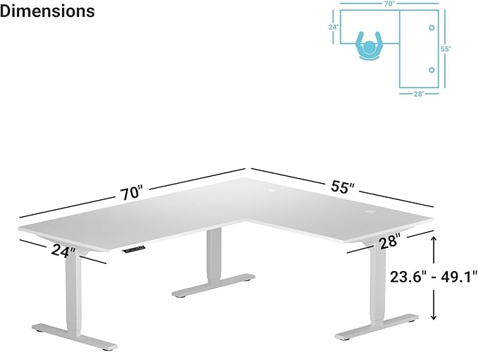 Progressive Desk Height Adjustable Computer Standing Desk - L Shaped 70" x 55" Corner Electric Stand Up Rising Workstation - Ebony Oak, Gray Frame