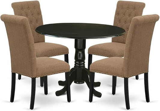 East West Furniture DLBR5-BLK-17 5 Piece Kitchen Table & Chairs Set Includes a Round Dining Room Table with Dropleaf and 4 Light Sable Linen Fabric Parsons Chairs, 42x42 Inch, Black