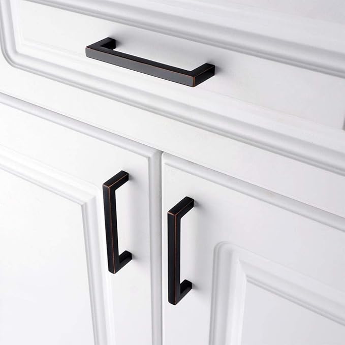 KOOFIZO Solid Square Bar Cabinet Handle - Oil Rubbed Bronze Furniture Pull, 3.8 Inch/96mm Screwhole Distance, 10-Pack for Kitchen Cupboard Door, Bedroom Dresser Drawer, Bathroom Wardrobe Hardware