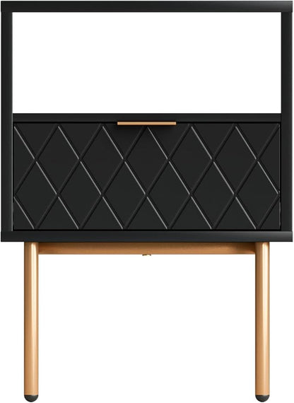 Nightstand,Morden Bedside Table with Gold Frame,Small White Night Stand,End Table,Bedside Furniture,Side Table with Drawer and Shelf for Bedroom,Living Room (1Drawer, Black-Square)