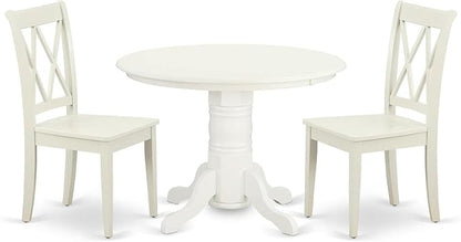East West Furniture SHCL3-LWH-W 3 Piece Dining Table Set for Small Spaces Contains a Round Kitchen Table with Pedestal and 2 Dining Chairs, 42x42 Inch, Linen White