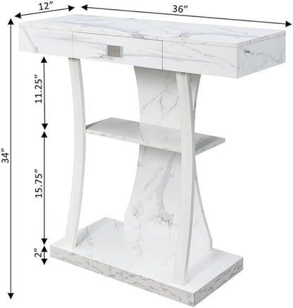 Convenience Concepts Newport Harri Console Table 36" - Modern Sofa Table with Storage Shelves, One Drawer Narrow Entryway Hall Table for Living Room, White Faux Marble/White