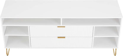 Manhattan Comfort Dumbo Mid Century Modern TV Stand for Televisions up to 60 Inches, Home Entertainment Center with Storage, 6 Shelves, 2 Drawers, No Tool Assembly, 63" Wide, White