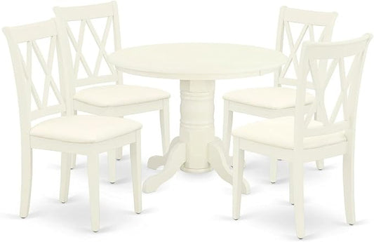 East West Furniture SHCL5-WHI-C 5 Piece Dining Room Table Set Includes a Round Kitchen Table with Pedestal and 4 Linen Fabric Upholstered Dining Chairs, 42x42 Inch, Linen White