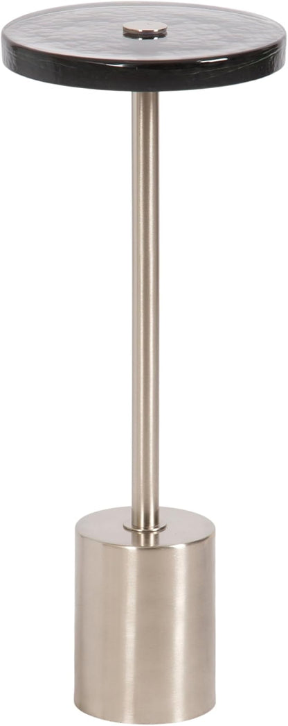 Kate and Laurel Xyler Modern Round Metal and Glass Drink Table, 10 x 10 x 24, Gray Glass and Silver, Decorative Plant Pedestal Table for Use as Indoor Plant Stand or Small Bathtub Table