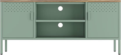Manhattan Comfort Landen 47" Modern Metal TV Stand with Storage Cabinets & Open Shelves, Holds Up to 40" Screen, TV Console with Natural Wood Top, Cable Management, Adjustable Legs, Green