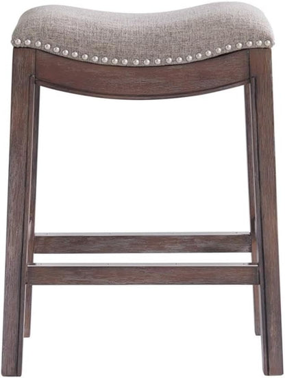 Williston Dark Brown Wood Counter Height Stool Set of 2, 18.25 in. W Seat with Linen-Like Fabric & Silver Satin Nail Heads, Kitchen Furniture Bar Stools w/Solid Rubberwood Frame & Metal Kick Plate