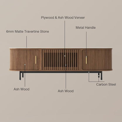 POVISON Sliding Tambour Door TV Stand, Mid Century Modern Sintered Stone TV Console, Wood Media Console for 85 Inch TV, Entertainment Center with Storage Cabinet, Fully-Assembled (Walnut, 94.49")