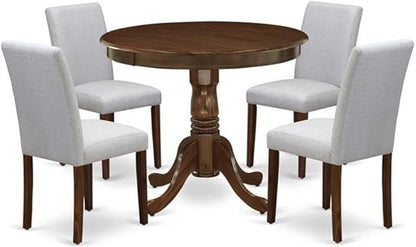 East West Furniture ANAB5-AWA-05 5 Piece Kitchen Table & Chairs Set Contains a Round Dining Room Table with Pedestal and 4 Upholstered Chairs, 36x36 Inch, Antique Walnut