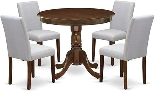 East West Furniture ANAB5-AWA-05 5 Piece Kitchen Table & Chairs Set Contains a Round Dining Room Table with Pedestal and 4 Upholstered Chairs, 36x36 Inch, Antique Walnut