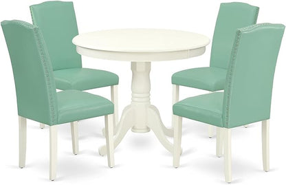 East West Furniture ANEN5-LWH-57 5 Piece Dining Room Table Set Includes a Round Kitchen Table with Pedestal and 4 Pond Faux Leather Parsons Dining Chairs, 36x36 Inch, Linen White