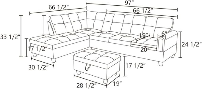 Chocolate L-Shaped 3-Piece Flannel Sofa with Storage Ottoman Set, Sectional Couch Sofa Set for Living Room, Office, Small Space