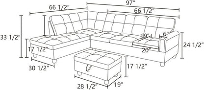 Chocolate L-Shaped 3-Piece Flannel Sofa with Storage Ottoman Set, Sectional Couch Sofa Set for Living Room, Office, Small Space