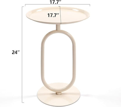 Lantern-Shaped Metal End Table, Small Round Side Accent Pedestal Modern Coffee Drink Cocktail Table for Living Room Corners Small Spaces(24'' Height,Cream White)