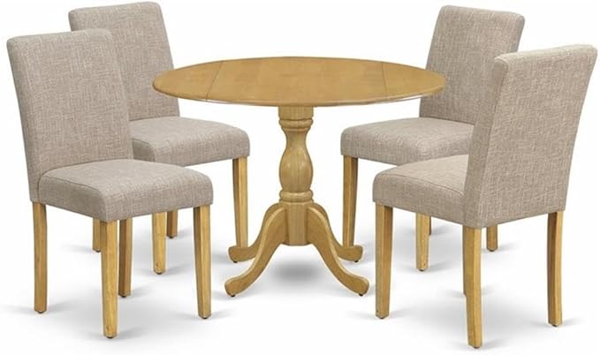 East West Furniture DMAB5-OAK-04 5 Piece Dining Set Includes a Round Dining Room Table with Dropleaf and 4 Light Tan Linen Fabric Upholstered Parson Chairs, 42x42 Inch, Oak