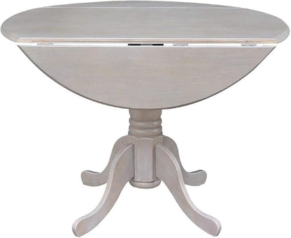 IC International Concepts, 42" Round Dual Drop Leaf Pedestal Dining Table, Solid Real Wood, Sturdy Parawood, Dimensions 42"D x 42"W x 29.5"H, 20mm thickness, 40lbs Weight Capacity, Washed Gray Taupe