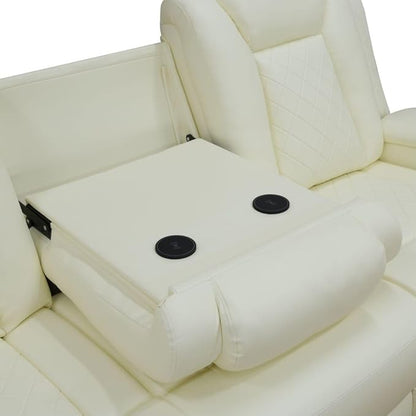Electric Power Recliner Sofa Living Room Furniture, Comfy Home Theater Breathing Leather Seating with USB 2.0 Charging Ports, LED Light Strips, Fold-Down Table & Wireless Charging Device (White)