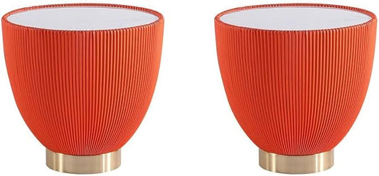 Manhattan Comfort Anderson Modern 18.43" Round End Table 2.0 - Ceramic Marble Tabletop, Elegant Pleated Leatherette Design & Gold Stainless Steel Base, Fully Assembled, Set of 2, Orange