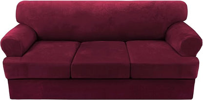 H.VERSAILTEX Sofa Cover 4 Piece T Cushion Sofa Slipcovers Thick Velvet Couch Cover Furniture Protector Stretch T Cushion Sofa Covers for 3 Cushion Couch with 3 Individual T Cushion Covers, Burgundy