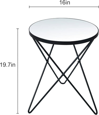 HLR Modern Round Side Table, End Table with Marble Effect Top and Gold Metal Frame, Small Side Table for Living Room, Bedroom, Sofa and Couch, Black Legs, Mirror top