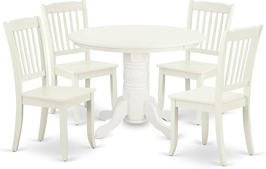 East West Furniture SHDA5-LWH-W 5 Piece Dining Room Table Set Includes a Round Kitchen Table with Pedestal and 4 Dining Chairs, 42x42 Inch, Linen White