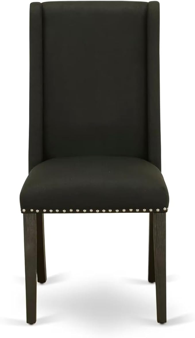 East West Furniture V627FL624-7 7 Piece Modern Dining Table Set Consist of a Rectangle Wooden Table with V-Legs and 6 Black Linen Fabric Parson Dining Chairs, 40x72 Inch, Multi-Color