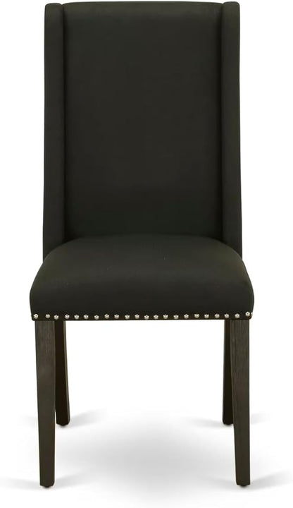 East West Furniture V697FL624-9 9 Piece Kitchen Table Set Includes a Rectangle Dining Table with V-Legs and 8 Black Linen Fabric Parson Dining Room Chairs, 40x72 Inch, Multi-Color