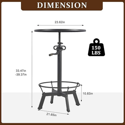 LOKKHAN Industrial Bar Table-33.5-39.4 Inch Tall-Adjustable Bar Height Pub Table-23.7 Inch Swivel Round Metal Top-Easily Adjusts by Crank Handle, Black