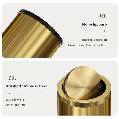 15L/4GAL Gold Bathroom Trash Can, Small Waste Basket with Flipping Lid,Modern Trash can, Golden Trash Can for Bathroom,Kitchen，Living Room,Hotel,Office(Singer Gold)