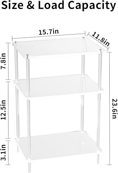Acrylic Side Tables with 3 Shelve,Bedside Table Clear Nightstand for Bedroom Modern End Table for Living Room, Sofa Table, Side Table 15.7" L x11.8 Wx 23.6" H