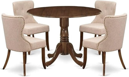 East West Furniture DLSI5-AWA-04 5 Piece Kitchen Table Set for Small Spaces Consist of a Round Wooden Table with Dropleaf and 4 Upholstered Chairs, 42x42 Inch, Antique Walnut