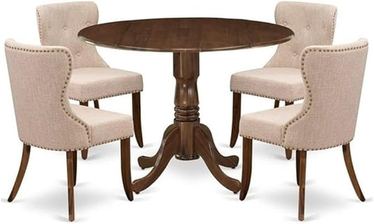 East West Furniture DLSI5-AWA-04 5 Piece Kitchen Table Set for Small Spaces Consist of a Round Wooden Table with Dropleaf and 4 Upholstered Chairs, 42x42 Inch, Antique Walnut