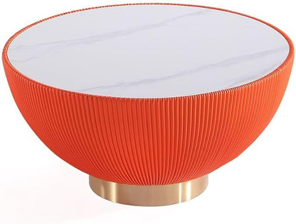Manhattan Comfort Anderson Modern 28.15" Round Coffee Table 2.0 - Ceramic Marble Tabletop, Elegant Pleated Leatherette Details & Gold Base, Fully Assembled Accent Furniture, Set of 1, Orange