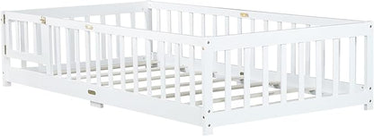 Twin Floor Bed with Slats and Center Support Bar, Wood Montessori Floor Bed with Fence and Door, Kids Montessori Bed Twin Size, Twin Size Montessori Floor Bed for Kids, Girls, Boys(Twin White)