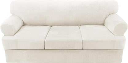 H.VERSAILTEX Sofa Cover 4 Piece T Cushion Sofa Slipcovers Thick Velvet Couch Cover Stretch T Cushion Sofa Covers for 3 Cushion Couch with 3 Individual T Cushion Covers, Porcelain