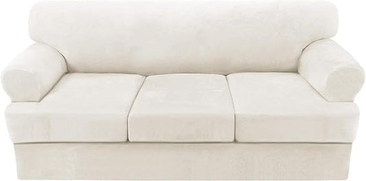 H.VERSAILTEX Sofa Cover 4 Piece T Cushion Sofa Slipcovers Thick Velvet Couch Cover Stretch T Cushion Sofa Covers for 3 Cushion Couch with 3 Individual T Cushion Covers, Porcelain