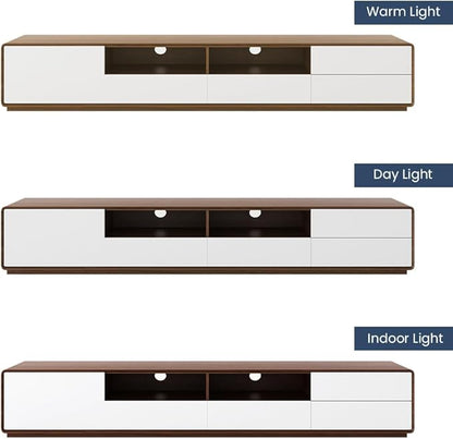 POVISON Modern Wood White TV Stand 78", Fully-Assembled Open Storage Cabinet, Lowline Media Console with 4 Drawers, Walnut Veneer (TV Stand Only)