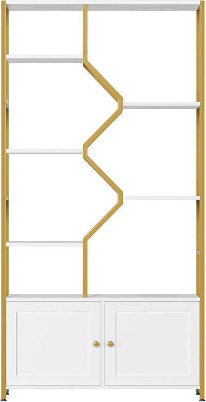 Keyluv 76" Tall Gold Bookshelf with Cabinet Storage, Multifunctional Open Display Bookcase with Door, Large Book Shelf Organizer for Living Room, Home, Office, Heavy Duty Metal & Wood, Modern White